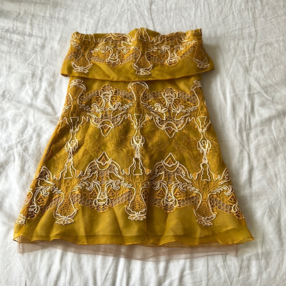 BCBGMaxAzria Yellow Embroidered Mini Dress